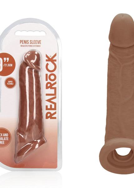 REALROCK 9'' Realistic Penis Extender with Rings - Tan - Tan 22.9 cm Penis Extension Sleeve