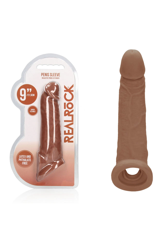REALROCK 9'' Realistic Penis Extender with Rings - Tan - Tan 22.9 cm Penis Extension Sleeve
