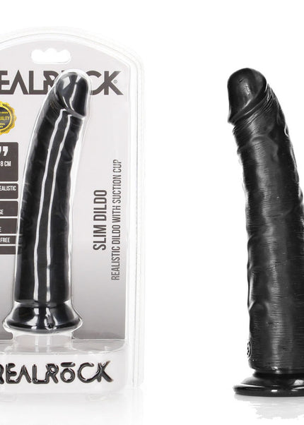 REALROCK Realistic Slim Dildo with Suction Cup - 18cm - Black 18 cm (7'') Dong