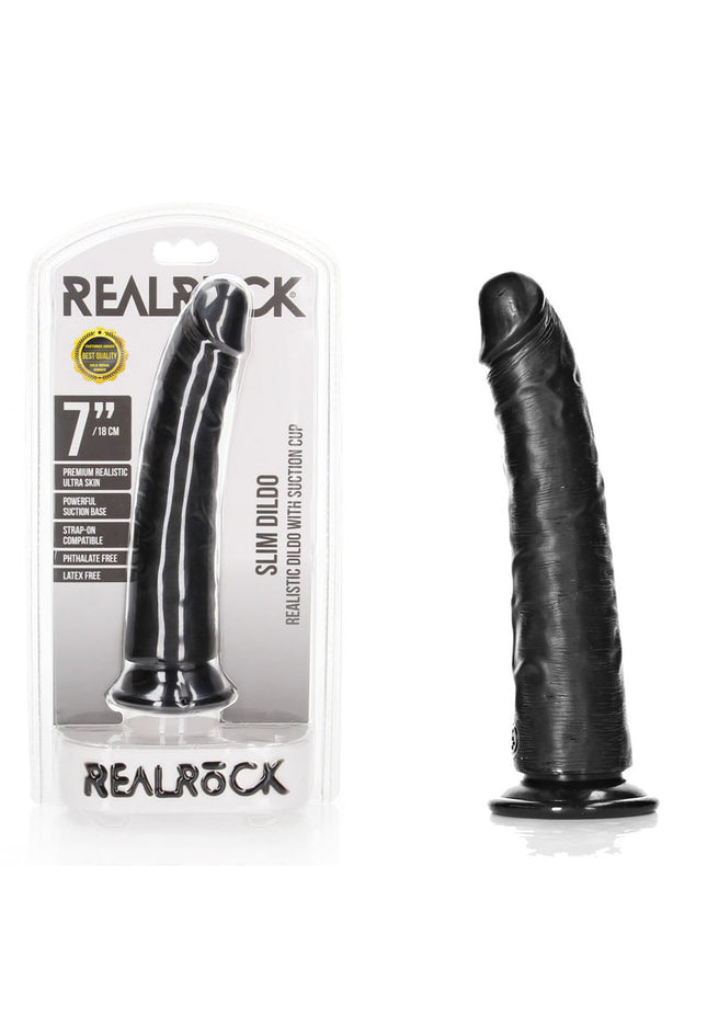 REALROCK Realistic Slim Dildo with Suction Cup - 18cm - Black 18 cm (7'') Dong