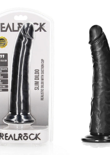 REALROCK Realistic Slim Dildo with Suction Cup - 20.5cm - Black 20.5 cm (8'') Dong