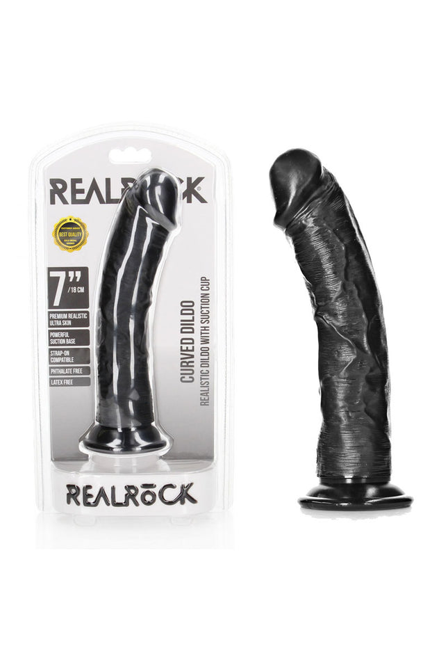 REALROCK Realistic Regular Curved Dildo with Suction Cup - 18 cm - Black 18 cm (7'') Dong