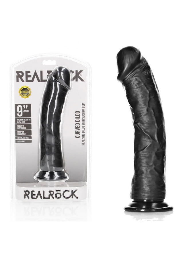 REALROCK Realistic Regular Curved Dildo with Suction Cup - 23 cm - Black 23 cm (9'') Dong