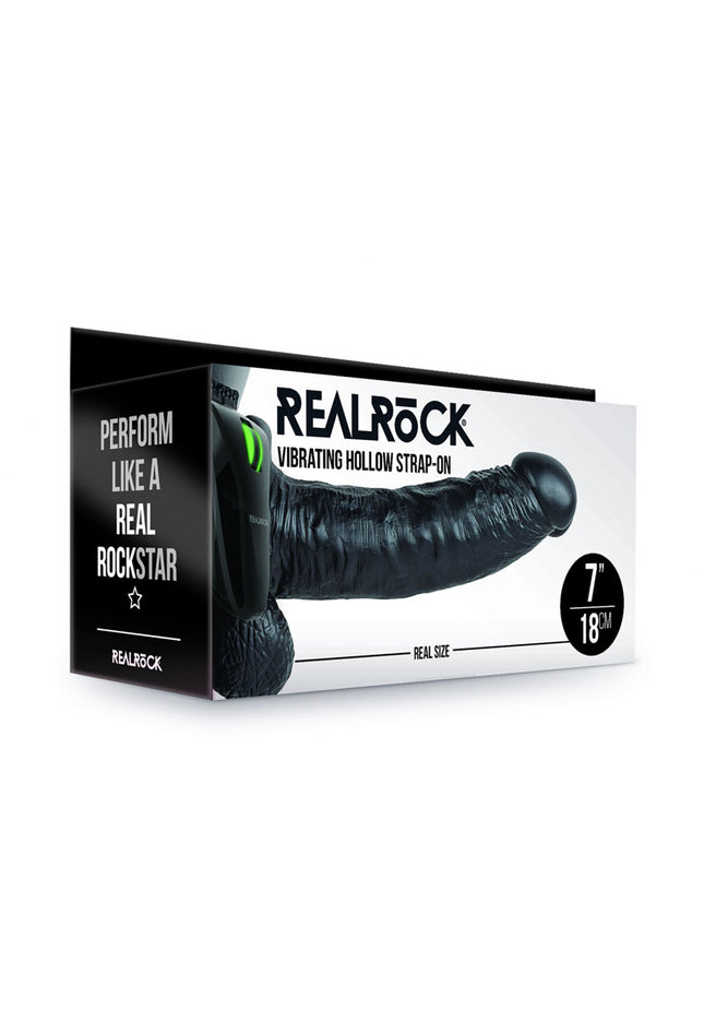 REALROCK Vibrating Hollow Strapon + Balls - 18cm Black - Black 18 cm Vibrating Hollow Strap-On