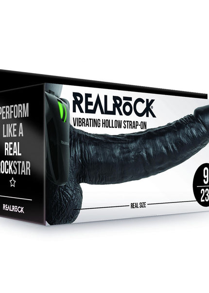 REALROCK Vibrating Hollow Strapon + Balls - 23cm Black - Black 23 cm Vibrating Hollow Strap-On
