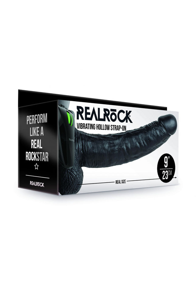 REALROCK Vibrating Hollow Strapon + Balls - 23cm Black - Black 23 cm Vibrating Hollow Strap-On