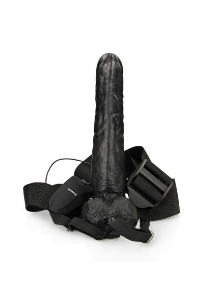 REALROCK Vibrating Hollow Strapon + Balls - 23cm Black - Black 23 cm Vibrating Hollow Strap-On