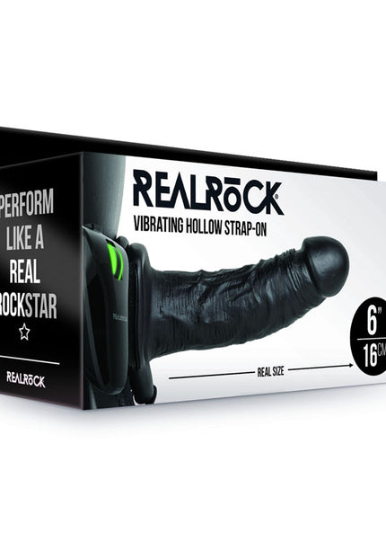 REALROCK Vibrating Hollow Strap-on - 15.5 cm Black - Black 15.5 cm Vibrating Hollow Strap-On