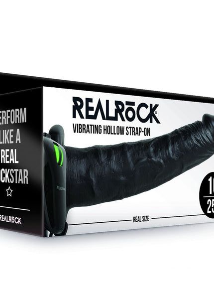 REALROCK Vibrating Hollow Strap-on - 24.5 cm Black - Black 24.5 cm Vibrating Hollow Strap-On