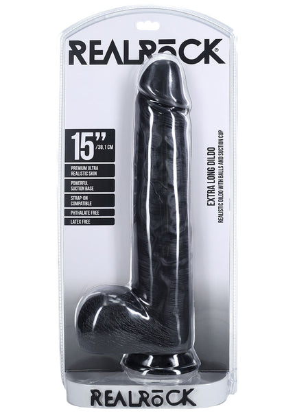 REALROCK 38cm Extra Long Dildo with Balls - Black - Black 38 cm (15'') Extra Long Dong