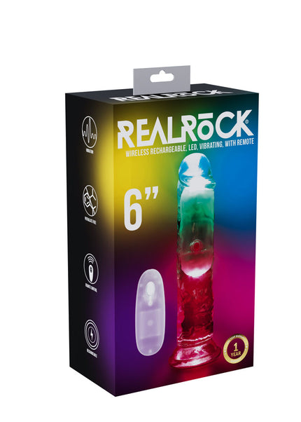 REALROCK 6'' No Balls Wireless Rechargeable LED Vibrating Dong - Clear with LED 16.5 cm USB Rechargeable Vibrating Dong with Remote