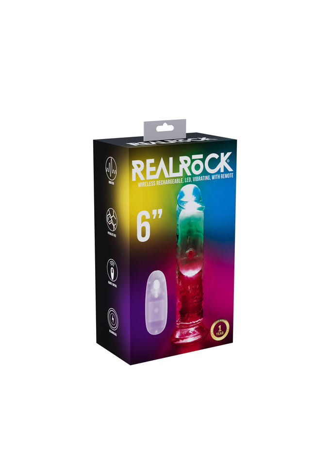 REALROCK 6'' No Balls Wireless Rechargeable LED Vibrating Dong - Clear with LED 16.5 cm USB Rechargeable Vibrating Dong with Remote