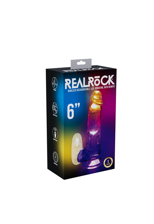 REALROCK 6'' with Balls Wireless Rechargeable LED Vibrating Dong - Clear with LED 16.2 cm USB Rechargeable Vibrating Dong with Remote