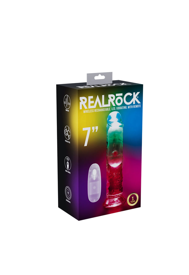 REALROCK 7'' No Balls Wireless Rechargeable LED Vibrating Dong - Clear with LED 20 cm USB Rechargeable Vibrating Dong with Remote