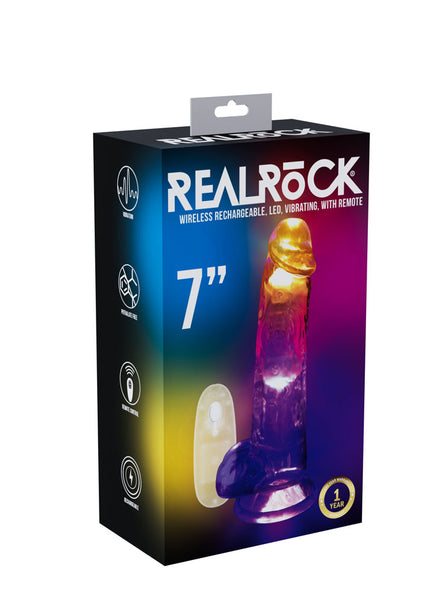 REALROCK 7'' with Balls Wireless Rechargeable LED Vibrating Dong - Clear with LED 19.5 cm USB Rechargeable Vibrating Dong with Remote
