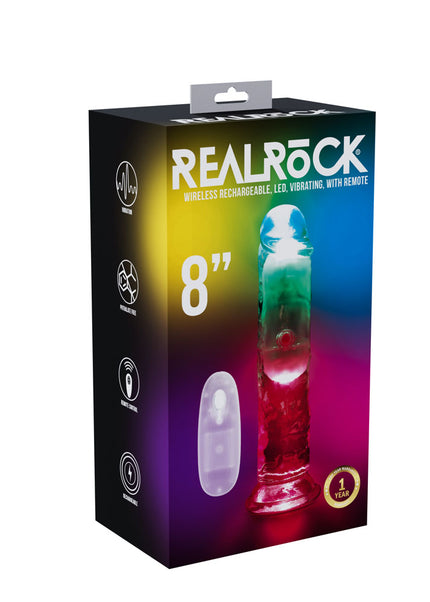 REALROCK 8'' No Balls Wireless Rechargeable LED Vibrating Dong - Clear with LED 22 cm USB Rechargeable Vibrating Dong with Remote