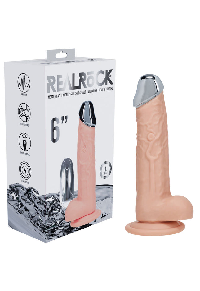 REALROCK Metal Head 6'' Rechargeable Dildo - Flesh - Flesh 16.2 cm USB Rechargeable Vibrating Dildo with Metal Head and Wireless Remote