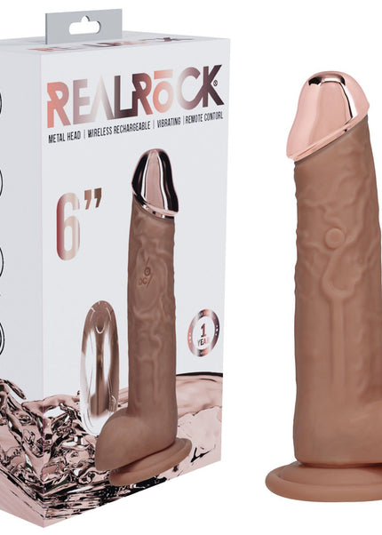 REALROCK Metal Head 6'' Rechargeable Dildo - Tan - Tan 16.2 cm USB Rechargeable Vibrating Dildo with Metal Head and Wireless Remote