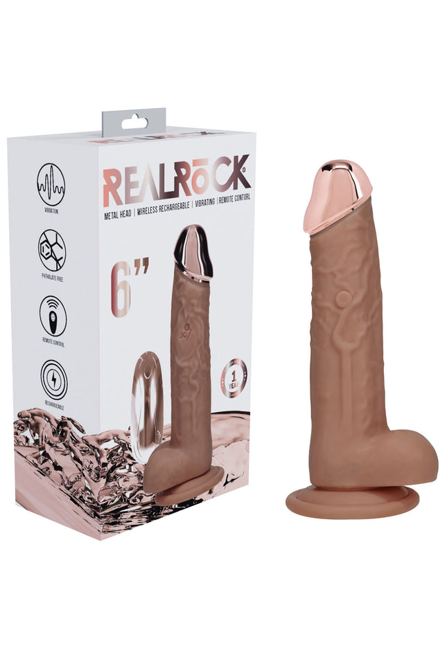 REALROCK Metal Head 6'' Rechargeable Dildo - Tan - Tan 16.2 cm USB Rechargeable Vibrating Dildo with Metal Head and Wireless Remote