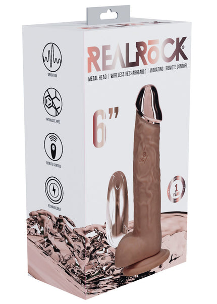 REALROCK Metal Head 6'' Rechargeable Dildo - Tan - Tan 16.2 cm USB Rechargeable Vibrating Dildo with Metal Head and Wireless Remote