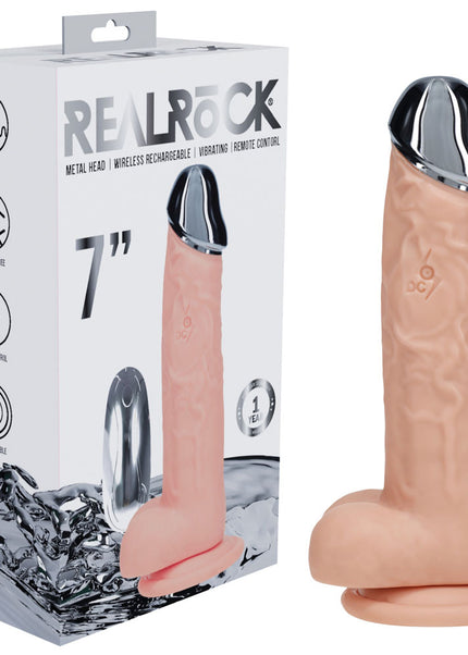 REALROCK Metal Head 7'' Rechargeable Dildo - Flesh - Flesh 19 cm USB Rechargeable Vibrating Dildo with Metal Head and Wireless Remote