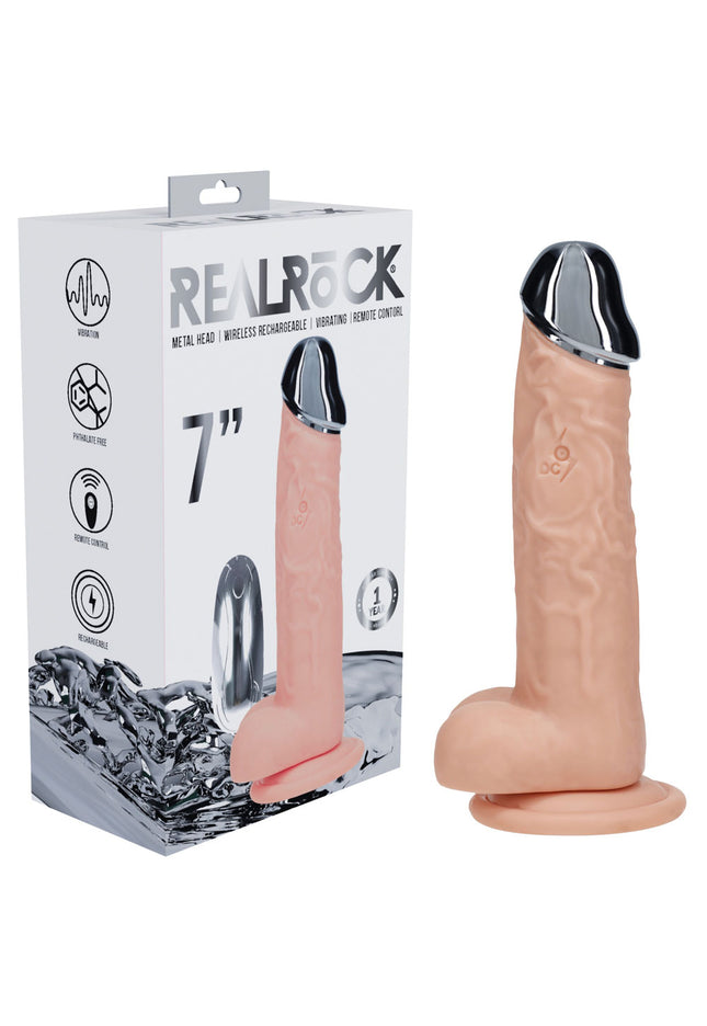 REALROCK Metal Head 7'' Rechargeable Dildo - Flesh - Flesh 19 cm USB Rechargeable Vibrating Dildo with Metal Head and Wireless Remote
