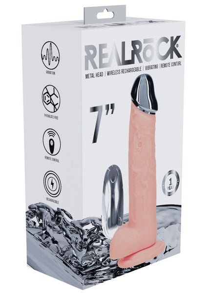 REALROCK Metal Head 7'' Rechargeable Dildo - Flesh - Flesh 19 cm USB Rechargeable Vibrating Dildo with Metal Head and Wireless Remote