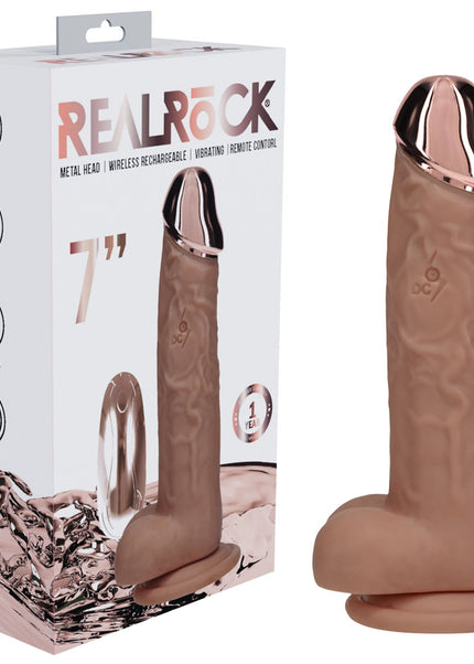 REALROCK Metal Head 7'' Rechargeable Dildo - Tan - Tan 19 cm USB Rechargeable Vibrating Dildo with Metal Head and Wireless Remote