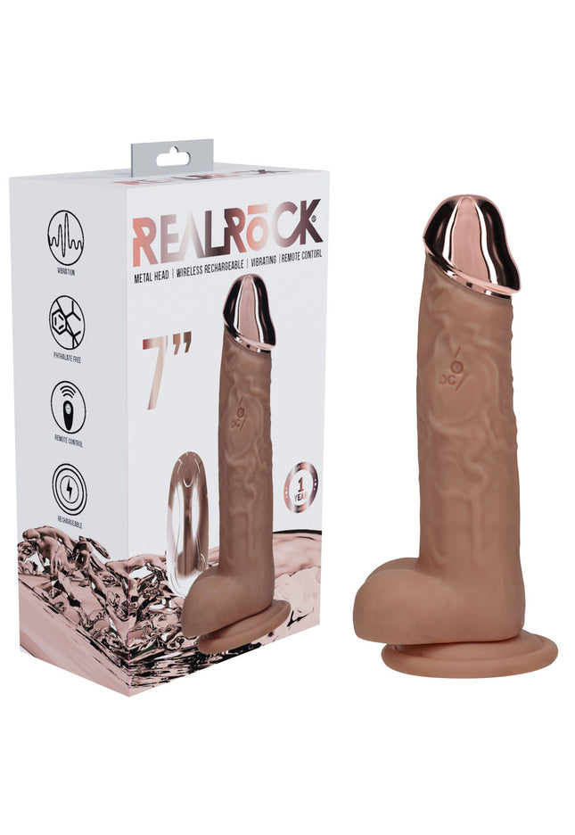 REALROCK Metal Head 7'' Rechargeable Dildo - Tan - Tan 19 cm USB Rechargeable Vibrating Dildo with Metal Head and Wireless Remote