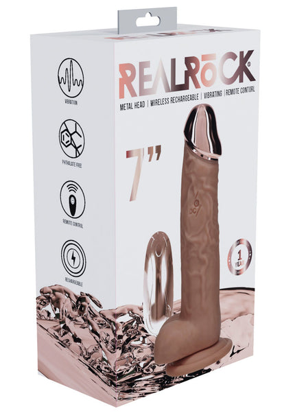 REALROCK Metal Head 7'' Rechargeable Dildo - Tan - Tan 19 cm USB Rechargeable Vibrating Dildo with Metal Head and Wireless Remote