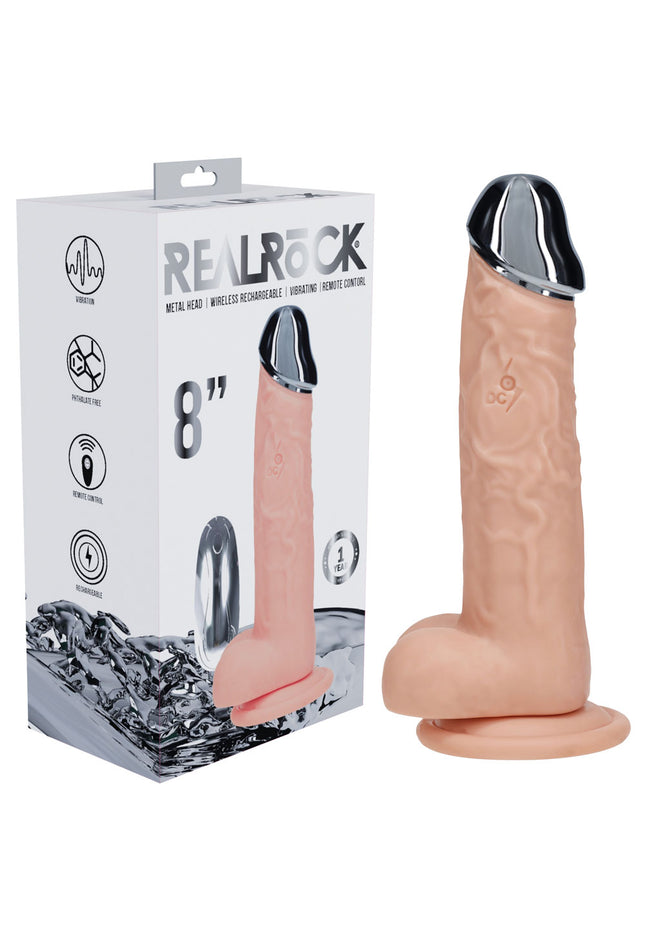 REALROCK Metal Head 8'' Rechargeable Dildo - Flesh - Flesh 22 cm USB Rechargeable Vibrating Dildo with Metal Head and Wireless Remote