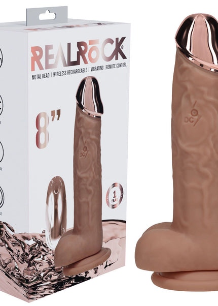 REALROCK Metal Head 8'' Rechargeable Dildo - Tan - Tan 22 cm USB Rechargeable Vibrating Dildo with Metal Head and Wireless Remote