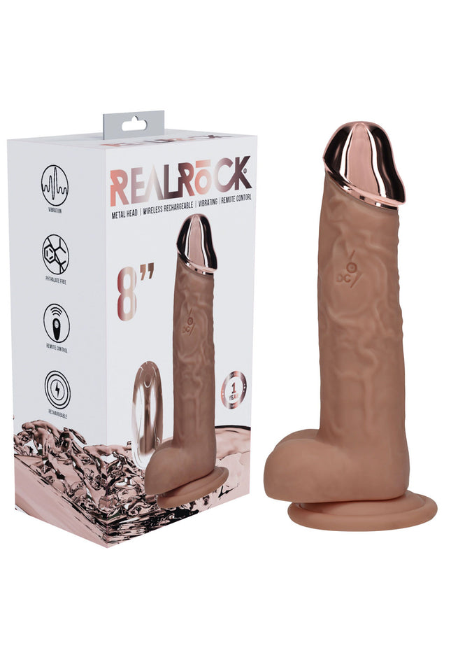 REALROCK Metal Head 8'' Rechargeable Dildo - Tan - Tan 22 cm USB Rechargeable Vibrating Dildo with Metal Head and Wireless Remote