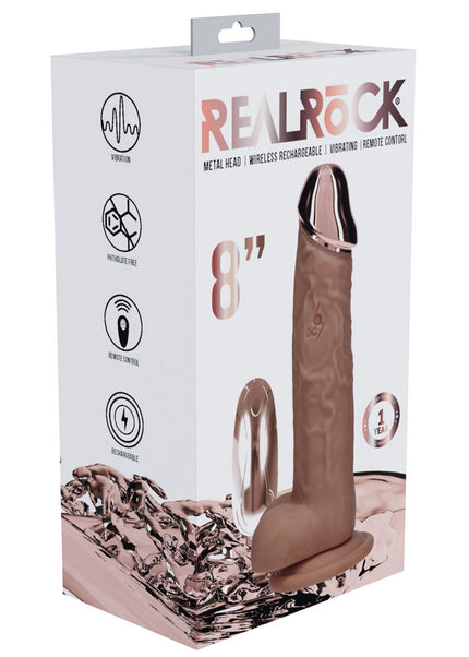 REALROCK Metal Head 8'' Rechargeable Dildo - Tan - Tan 22 cm USB Rechargeable Vibrating Dildo with Metal Head and Wireless Remote