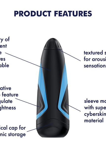 Product features of a black and blue device with text on sleeve textures, pump feature, and cap.