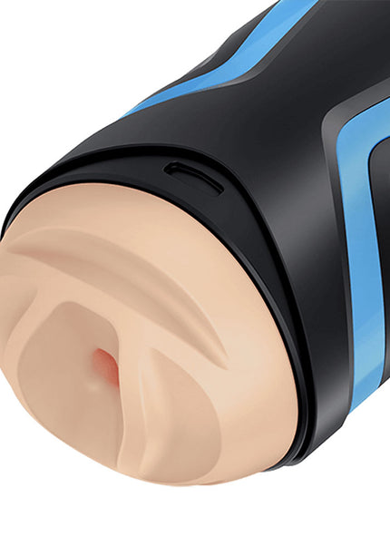 Close-up of a cosmetic concealer stick with a black and blue design.