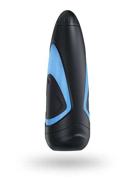 Black and blue handheld device on a white background
