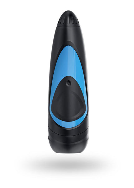 Black and blue cylindrical device on a white background