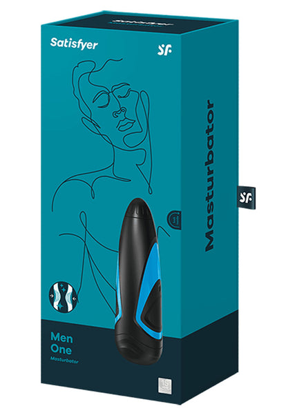 Satisfyer Masturbator packaging with blue and black design on a white background