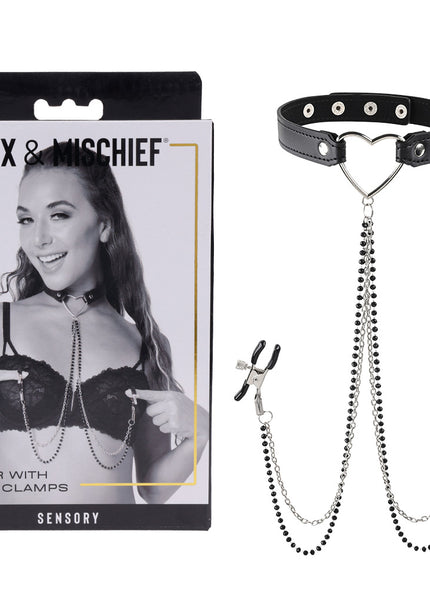Sex & Mischief Amor Collar with Nipple Clamps - Metal Restraints