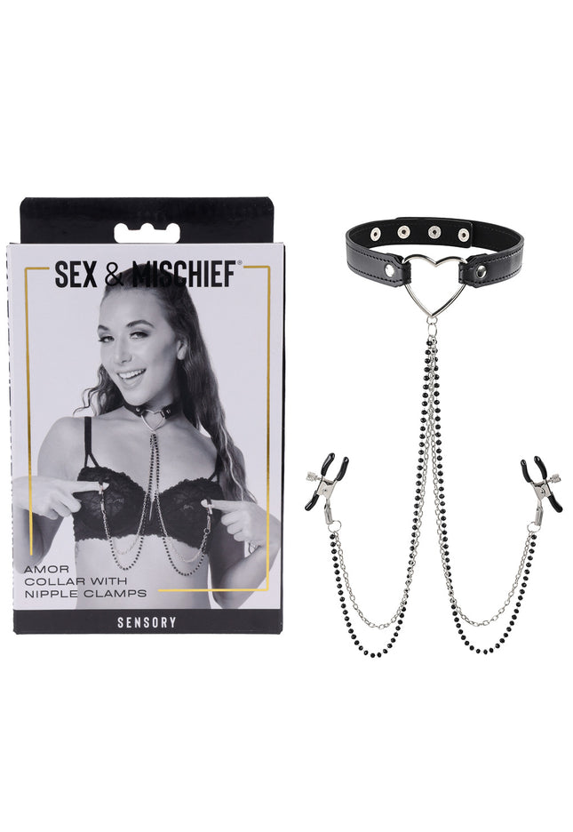 Sex & Mischief Amor Collar with Nipple Clamps - Metal Restraints