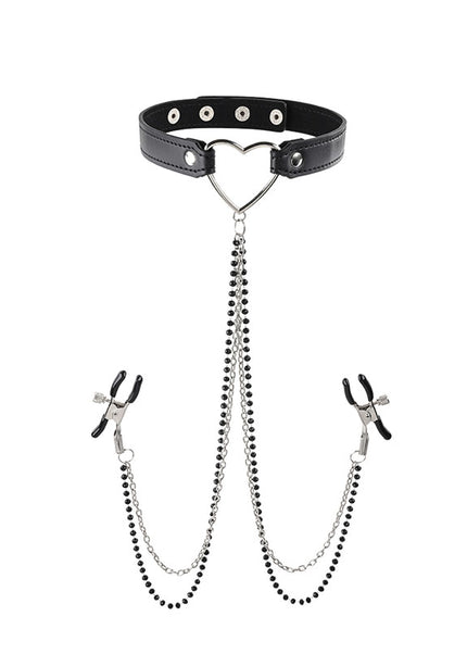 Sex & Mischief Amor Collar with Nipple Clamps - Metal Restraints