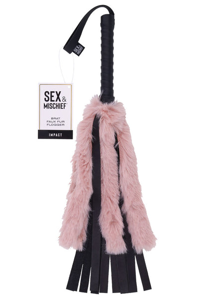 Sex & Mischief Brat Faux Fur Flogger - Black 50 cm Whip with Pink Faux Feather