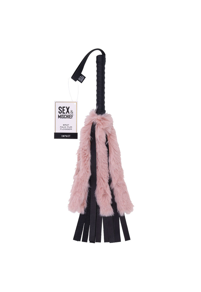 Sex & Mischief Brat Faux Fur Flogger - Black 50 cm Whip with Pink Faux Feather