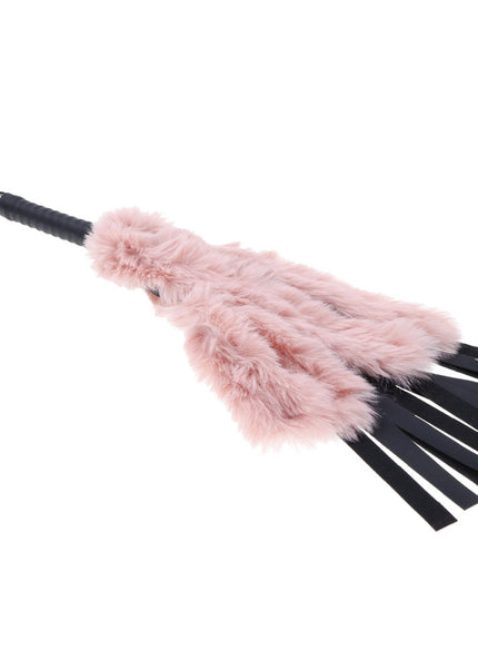 Sex & Mischief Brat Faux Fur Flogger - Black 50 cm Whip with Pink Faux Feather