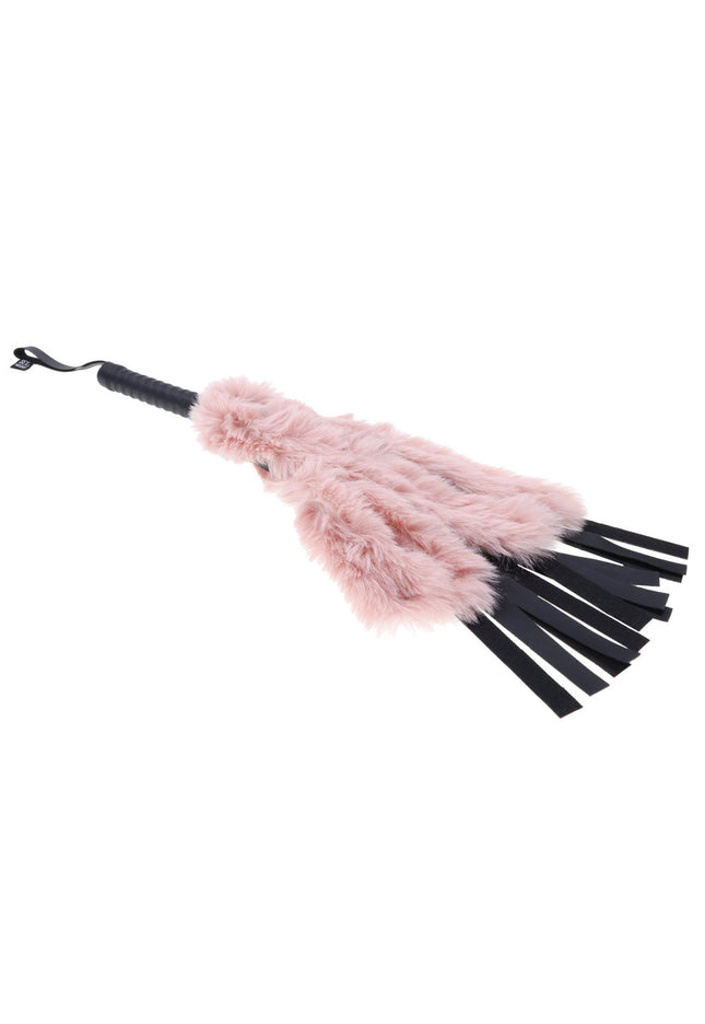 Sex & Mischief Brat Faux Fur Flogger - Black 50 cm Whip with Pink Faux Feather