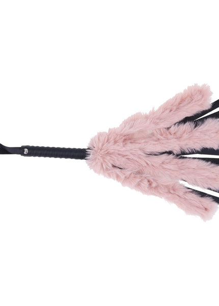 Sex & Mischief Brat Faux Fur Flogger - Black 50 cm Whip with Pink Faux Feather