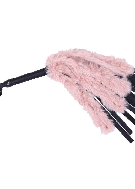 Sex & Mischief Brat Faux Fur Flogger - Black 50 cm Whip with Pink Faux Feather