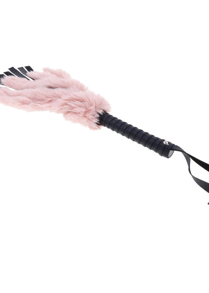 Sex & Mischief Brat Faux Fur Flogger - Black 50 cm Whip with Pink Faux Feather