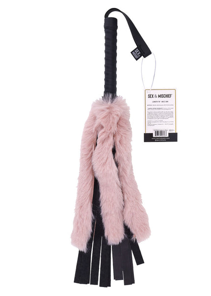 Sex & Mischief Brat Faux Fur Flogger - Black 50 cm Whip with Pink Faux Feather